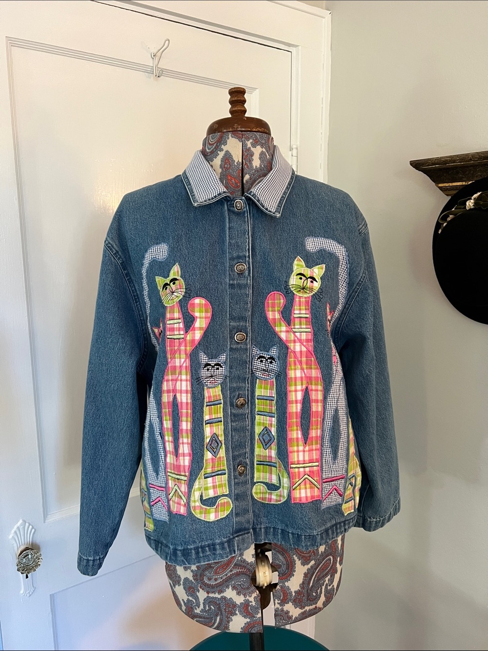 Vintage Tantrums Denim Cat Shirt/Jacket in Blue with Plaid Pastel Embroidery